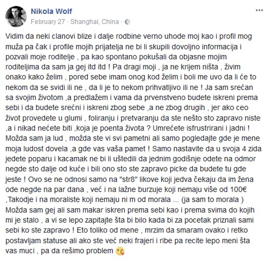 Nikolina objava na fejsbuku