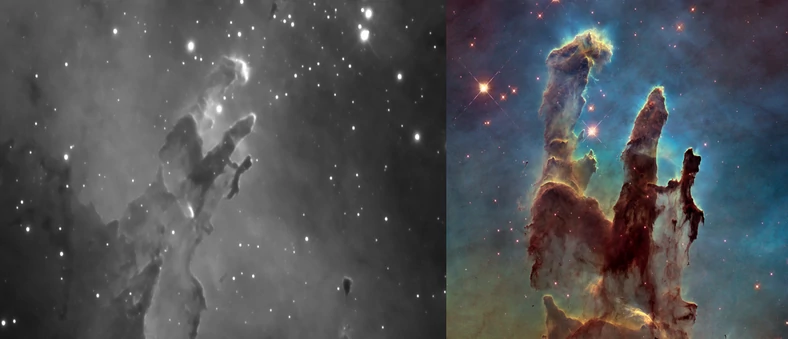 Filary Stworzenia (część Mgławicy Orzeł oddalonej od Ziemi o 7 tys. lat świetlnych). Po lewej stronie znajduje się nieobrobione zdjęcie uzyskane przez Kosmiczny Teleskop Hubble'a (linia spektralna H-alfa o długości fali 656,28 nm). Po prawej widzimy obrobioną fotografię.