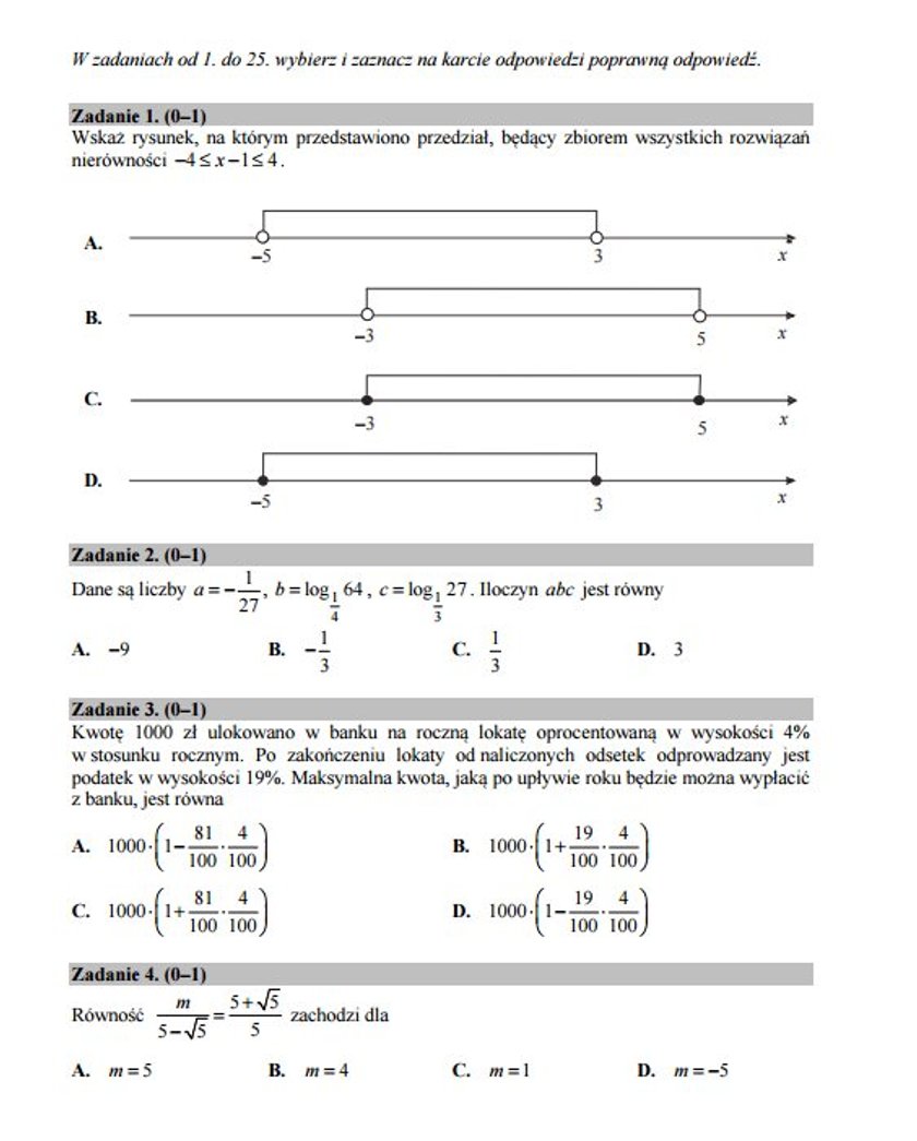 Arkusz egzaminacyjny - matematyka, poziom podstawowy