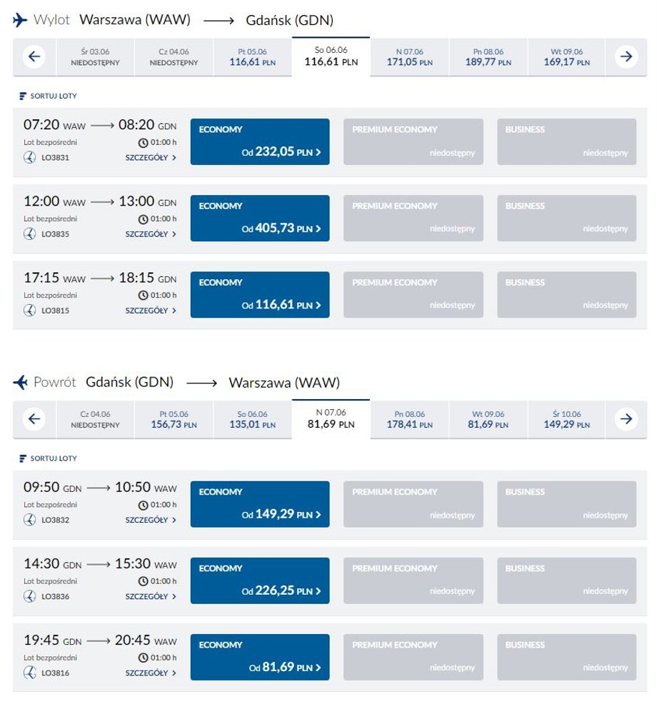 Ceny biletów PLL LOT na trasie Warszawa-Gdańsk-Warszawa na podróż w weekend 6-7 czerwca br. 