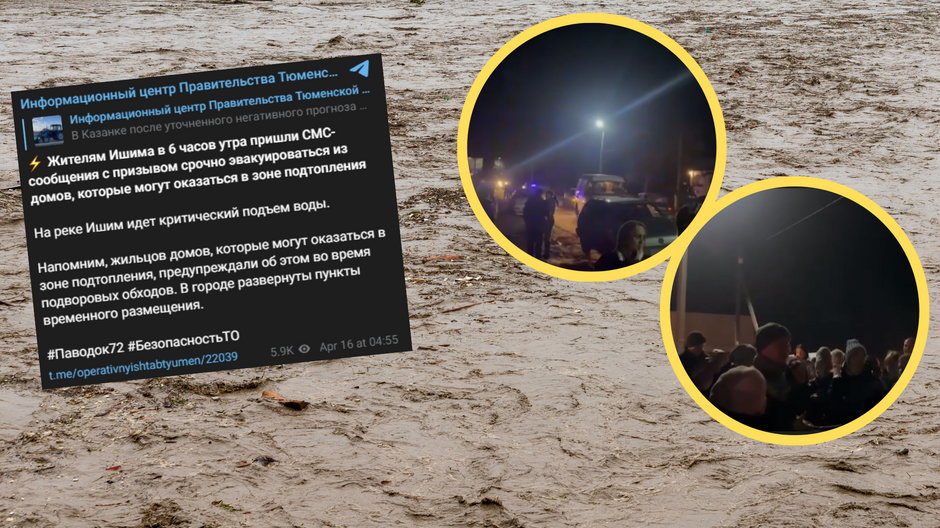 Mieszkańcy rosyjskiego Iszymia dostali SMS-y z nakazem ewakuacji. Powodem podnoszący się poziom wody na rzece (screen: operativnyishtabtyumen/Telegram, breakingmash/Telegram)