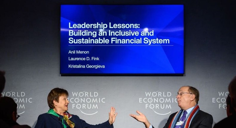 International Monetary Fund managing director Kristalina Georgieva (L) with BlackRock chair and CEO Laurence D. Fink at the World Economic Forum annual meeting in Davos, on January 23, 2020.