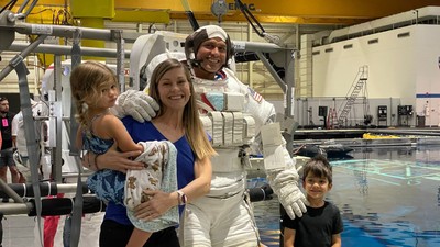 NASA astronaut Anil Menon with his wife, SpaceX lead space operations engineer Anna Menon, and their two children, Grace and James.Anil Menon