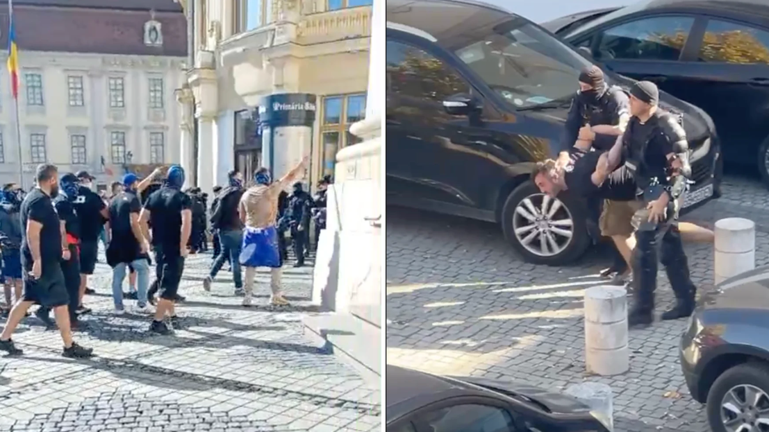 Bătăi între fanii echipelor Poli Timișoara și Steaua în centrul Sibiului: jandarmii au intervenit cu gaze lacrimogene