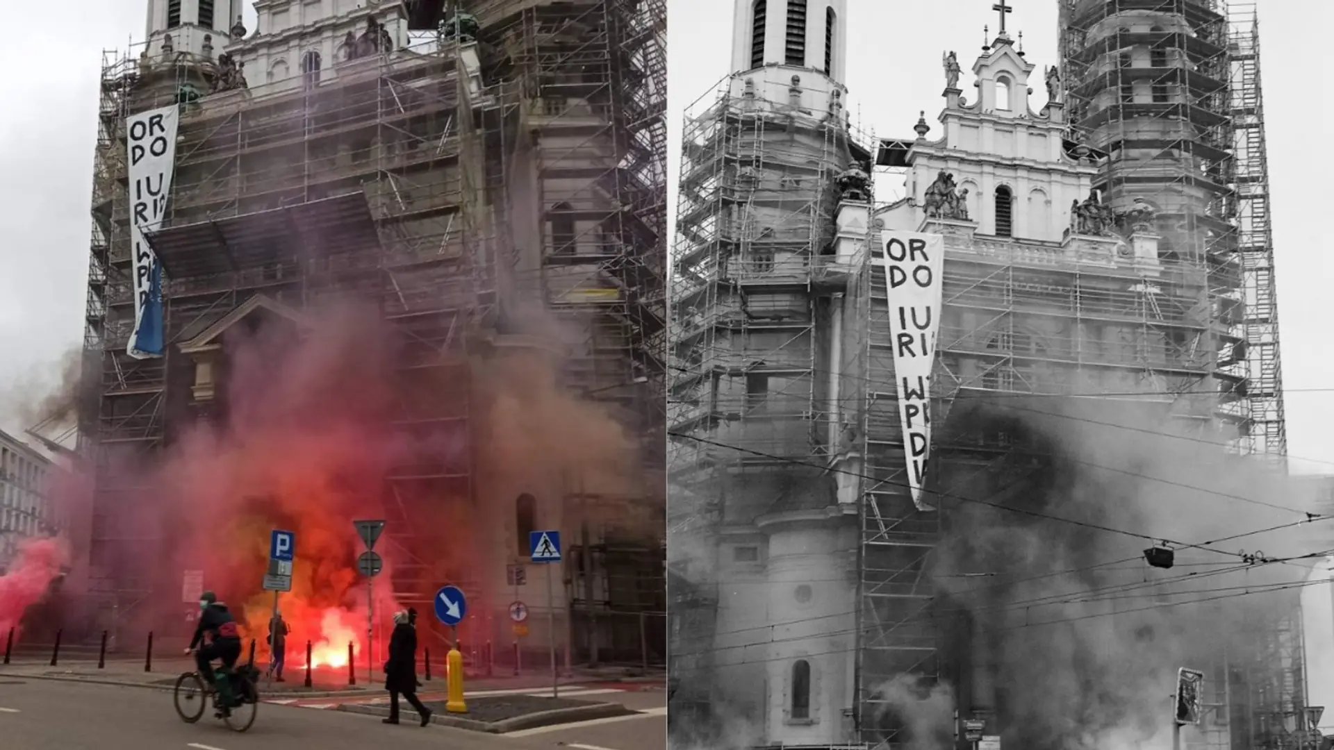 Protesty w Warszawie. "Ordo Iuris wypier****ć" - wielki baner przed kościołem na pl. Zbawiciela