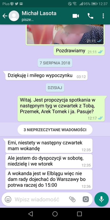 Wymiana wiadomości między Emilią Szmydt a Michałem Lasotą