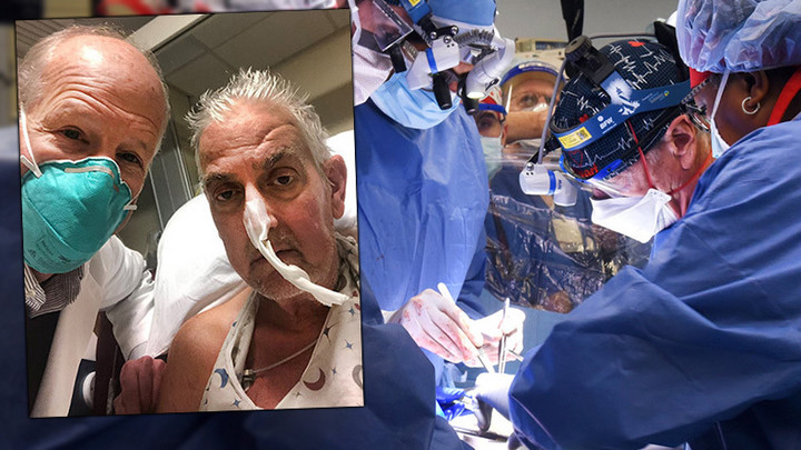Z lewej: dr Bartley Griffith oraz David Bennett po operacji. Z prawej: Operacja przeszczepu serca świni do organizmu ludzkiego. Uniwersytet Marylandu w Baltimore, 7 stycznia 2022 r.