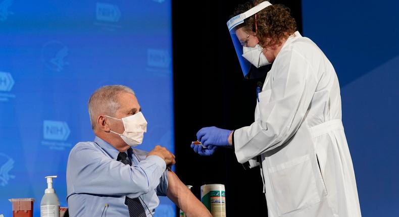 Dr. Anthony Fauci receives his first dose of the COVID-19 vaccine at the National Institutes of Health (NIH) in Bethesda, Maryland on December 22, 2020.