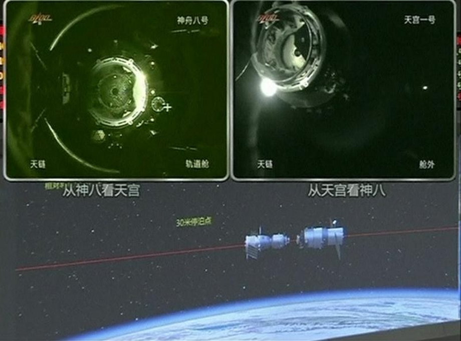 A view of China's Tiangong 1 module just before it docks with the Shenzhou-8 spacecraft on a monitoring screen at the Beijing Aerospace Flight Control Center
