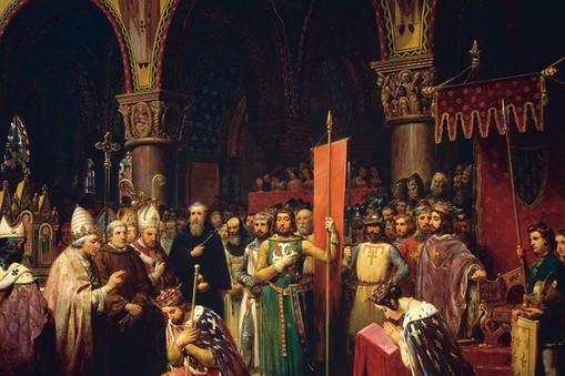 Louis VII takes the banner in the Basilica of Saint -Denis, 1147 by Jean Baptiste Mauzaisse