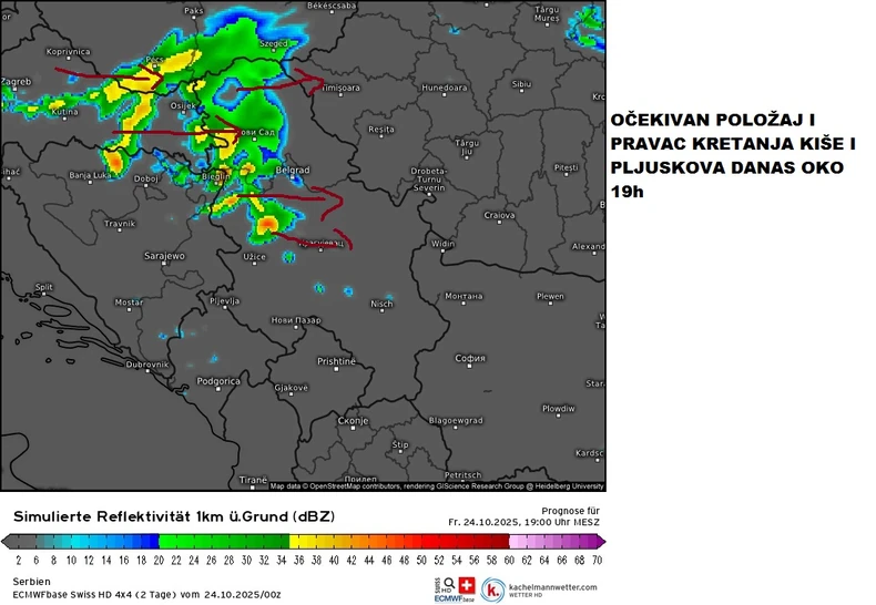 Kretanje padavina za petak oko 19 časova
