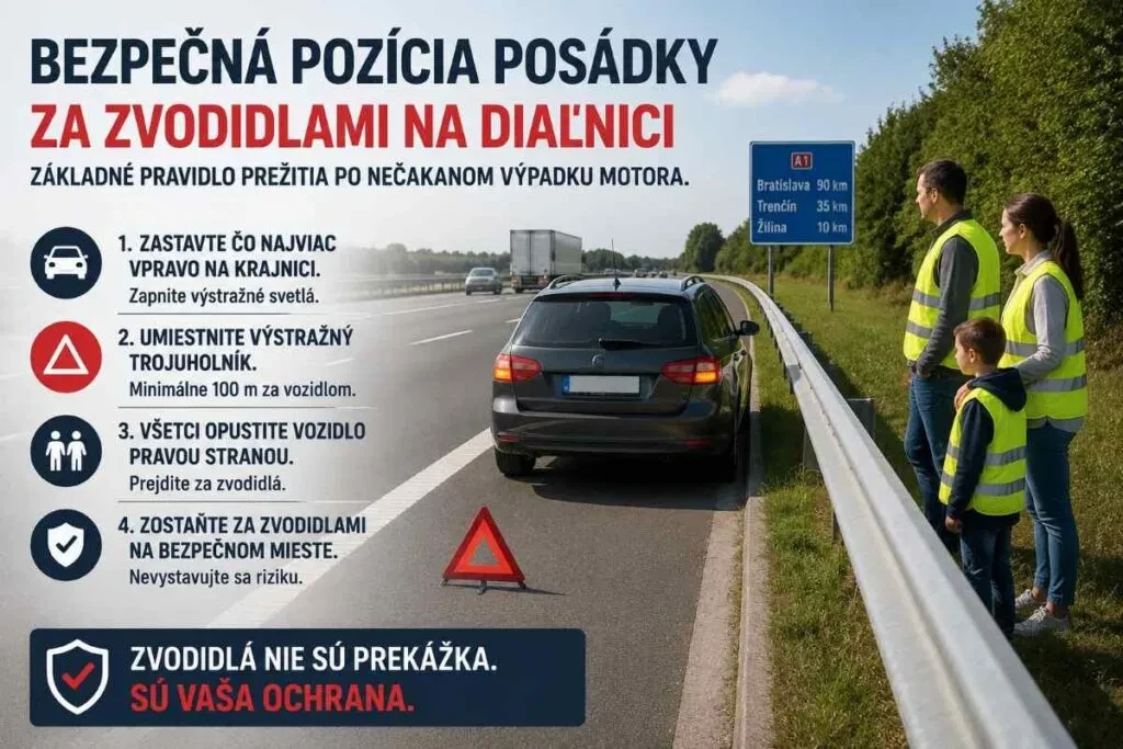 Bezpečná zóna za zvodidlami na diaľnici po nehode chráni zdravie cestujúcich pred prechádzajúcimi vozidlami v rýchlom jazdnom pruhu. 