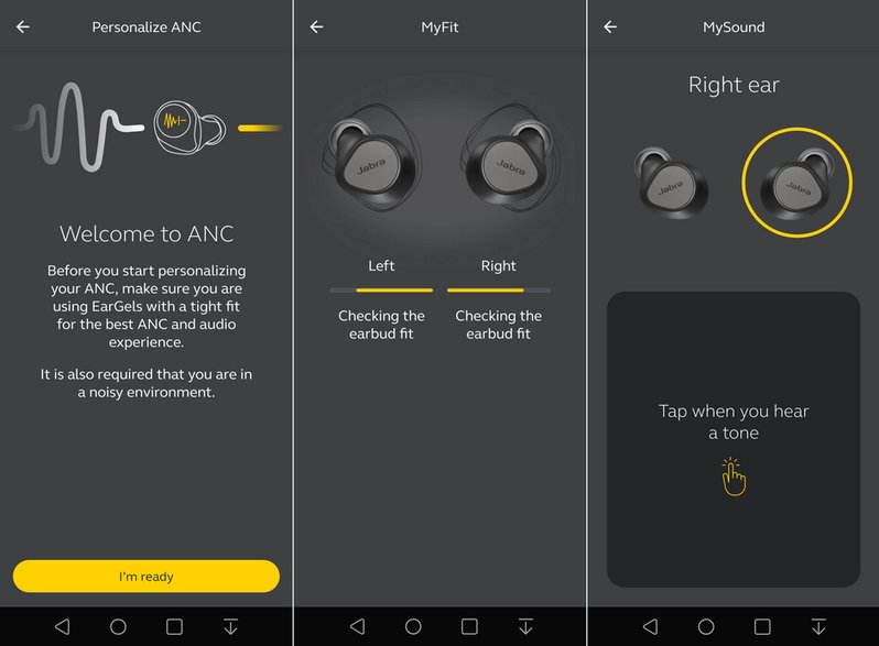 W aplikacji Jabra Sound+ znajdziemy takie funkcje, jak własna optymalizacja działania techniki ANC, test dopasowania słuchawek, a także funkcję profilowania brzmienia w oparciu o wykonany test słuchu
