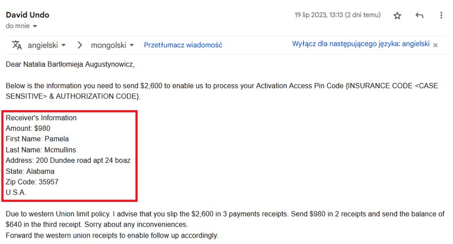Wysłane przez oszusta dane potrzebne do przelewu