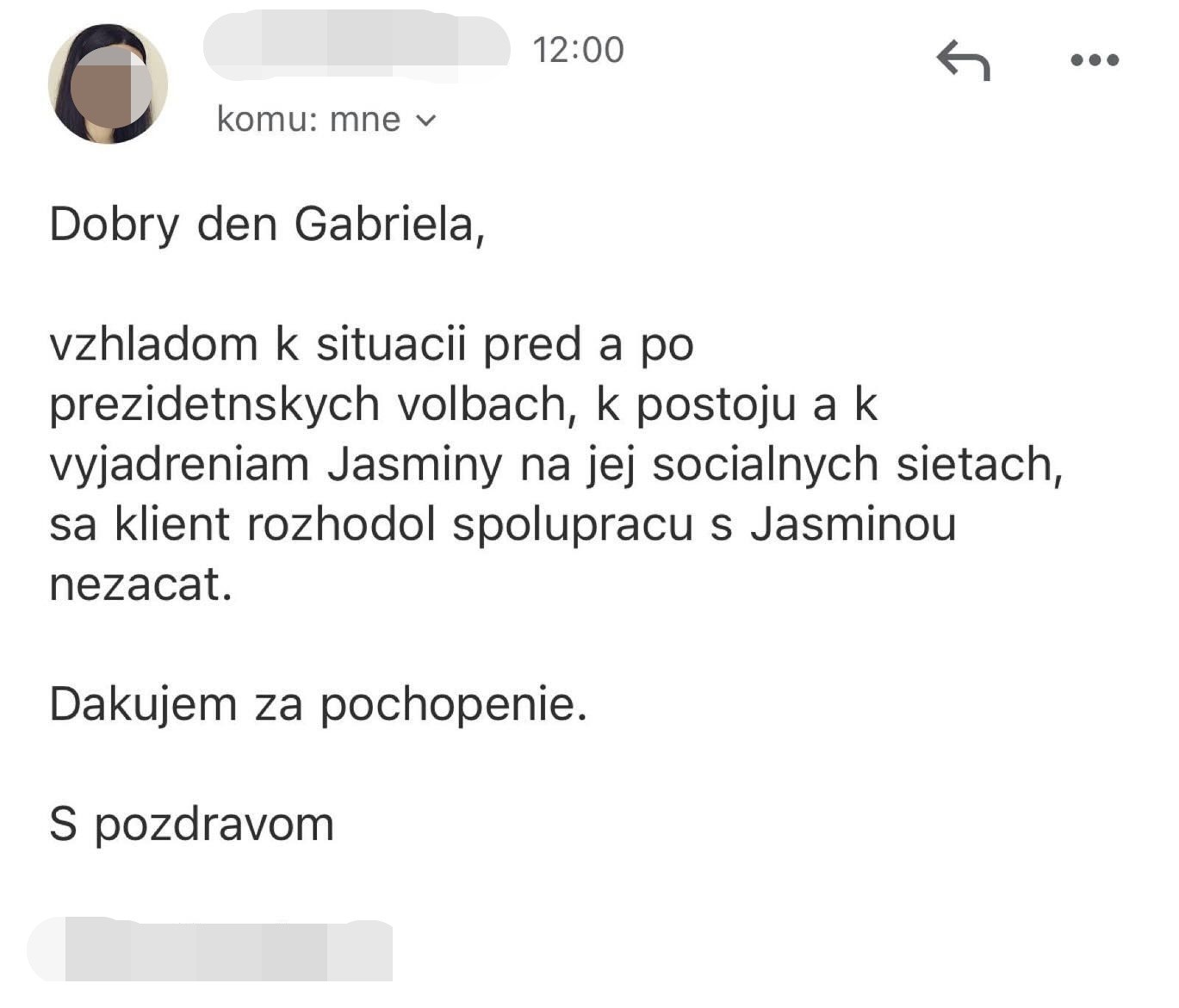 Jasmina zverejnila na sociálnej sieti emailovú komunikáciu.