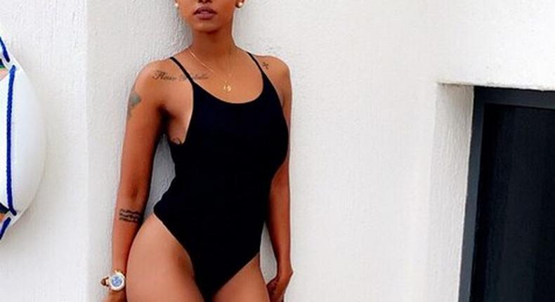 Huddah Monroe strikes a sexy pose in a one-piece swimsuit