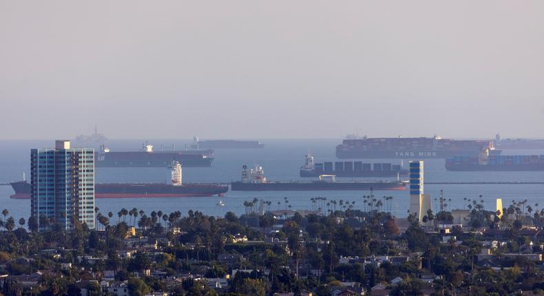 Container ships wait off the coast of the congested ports of Los Angeles and Long Beach, in Long Beach, California, U.S., September 29, 2021.

