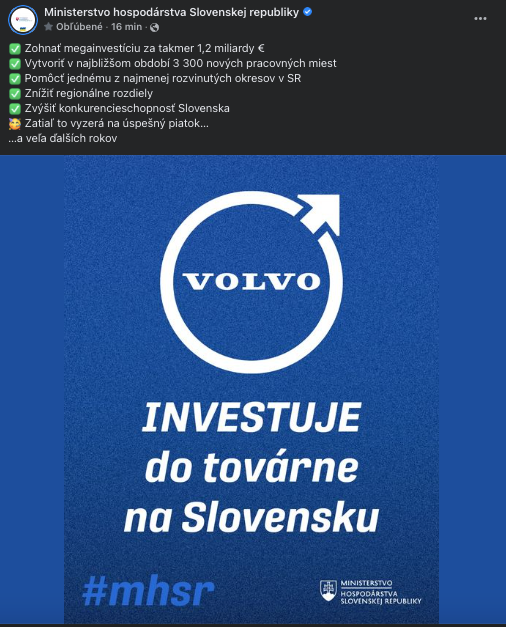Príchod piatej automobilty oznámilo aj Ministerstvo hospodárstva Slovenskej republiky .