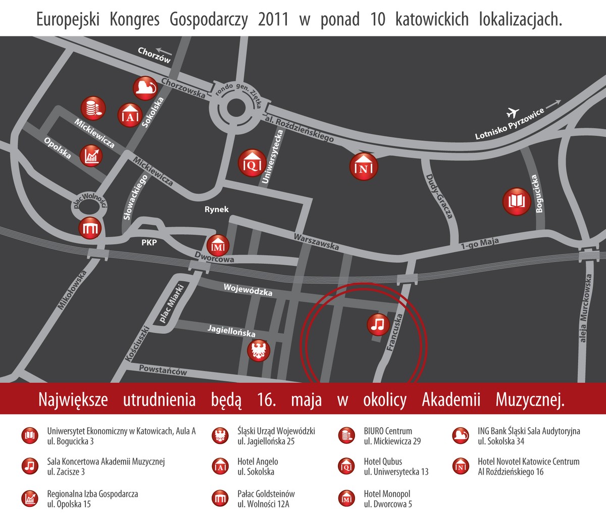 Mapa miejsc, w których będzie się odbywać Europejski Kongres Gospodarczy 2011. Fot. materiały prasowe