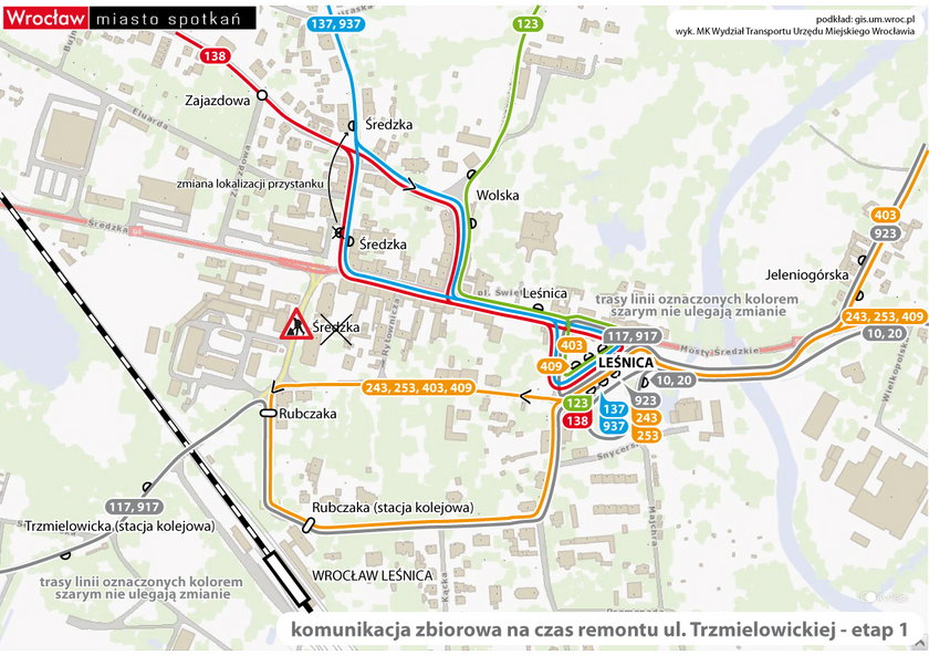 mapa objazdów aurtobusów w Leśnicy