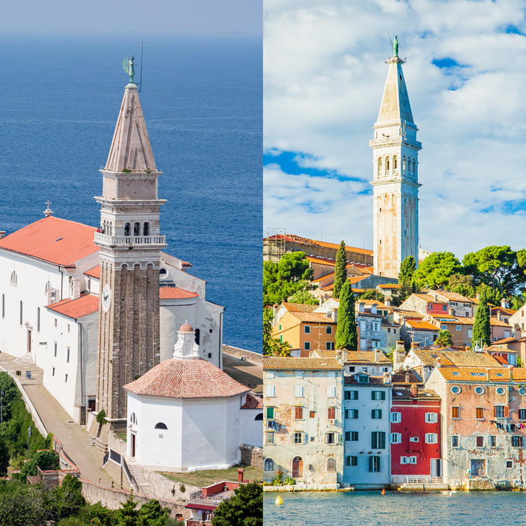 Repliki weneckiej dzwonnicy w Piranie (Słowenia) i Rovinj (Chorwacja)
