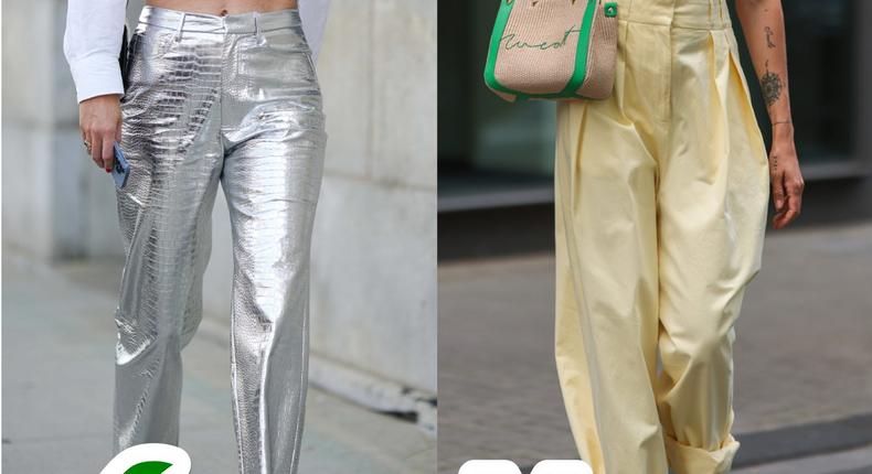 Fashion experts said metallic pants are in, but high-waisted pants are falling out of favor.Edward Berthelot/Getty Images; Jeremy Moeller/Getty Images