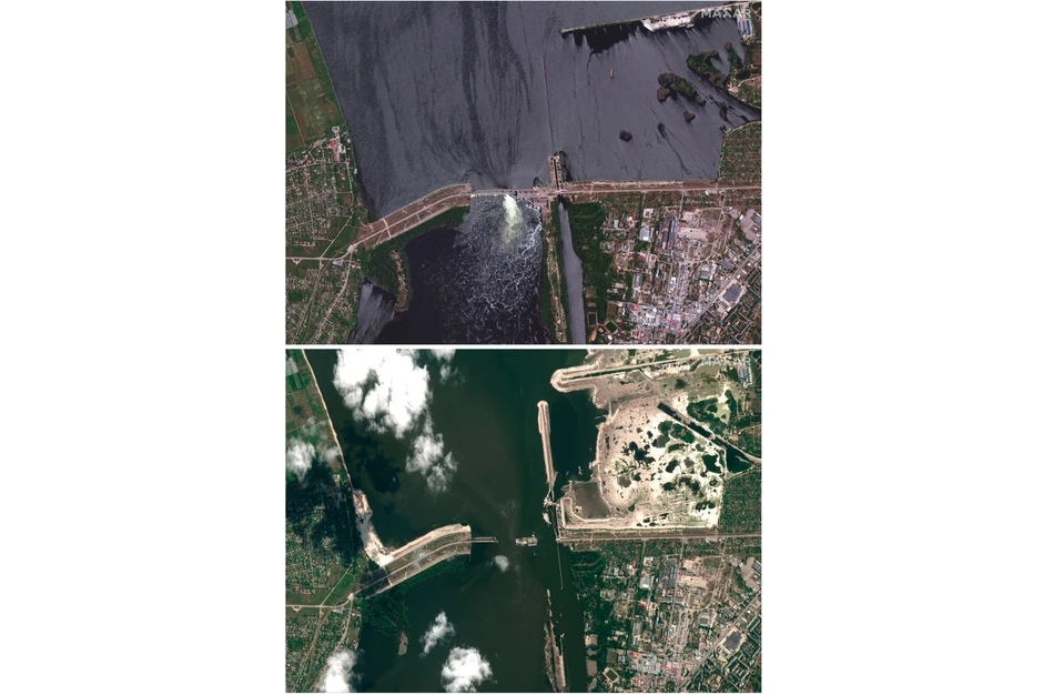 Brana Kahovka 28. maja 2022. (gore) i 16. juna 2023. nakon rušenja na satelitskim slikama