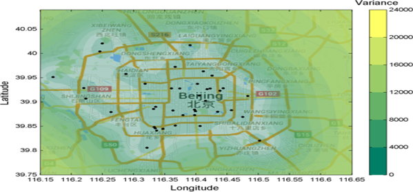 Rys 2 Symulacja sztucznej inteligencji pokazująca zalecane lokalizacje do wykonywania odczytów jakości powietrza w Pekinie