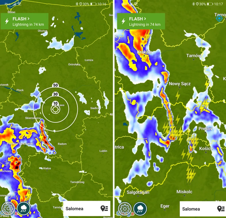 Lightning Alarm pokazuje dystans i czas, jaki dzieli nas od potencjalnego zagrożenia ze strony najbliższej burzy