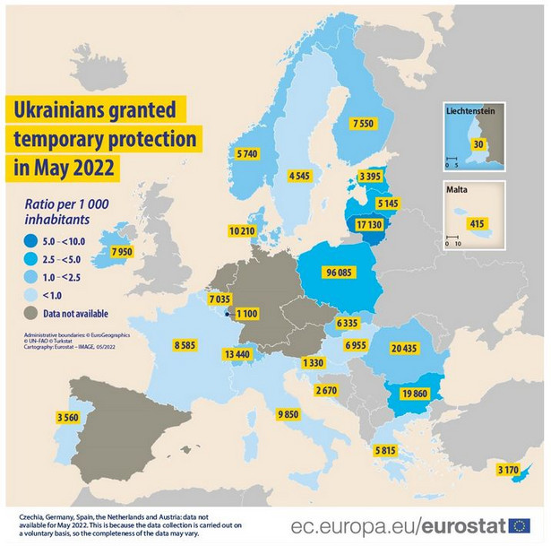 Liczba Ukraińców, którzy otrzymali ochronę tymczasową w maju 2022 roku w państwach UE