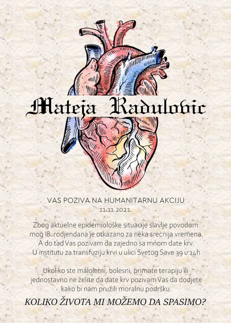 Matejina pozivnica za rođendan, a ujedno i akciju dobrovoljnog davanja krvi