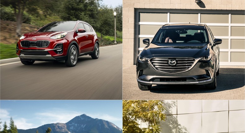 The 2021 Kia Sportage, 2020 Mazda CX-9, 2018 Toyota RAV4 Hybrid, and 2018 Honda HR-V.Kia/Mazda/Toyota/Honda