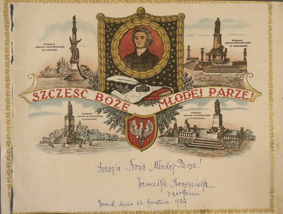 Telegram z 1929 roku. Kartka z wizerunkami pomników Adama Mickiewicza