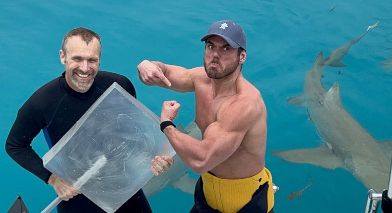 Before he can eat like a tiger shark, Ross Edgley, along with marine biologist Mike Heithaus, needs to figure out how much the fish consume in a single bite.National Geographic/Nathalie Miles