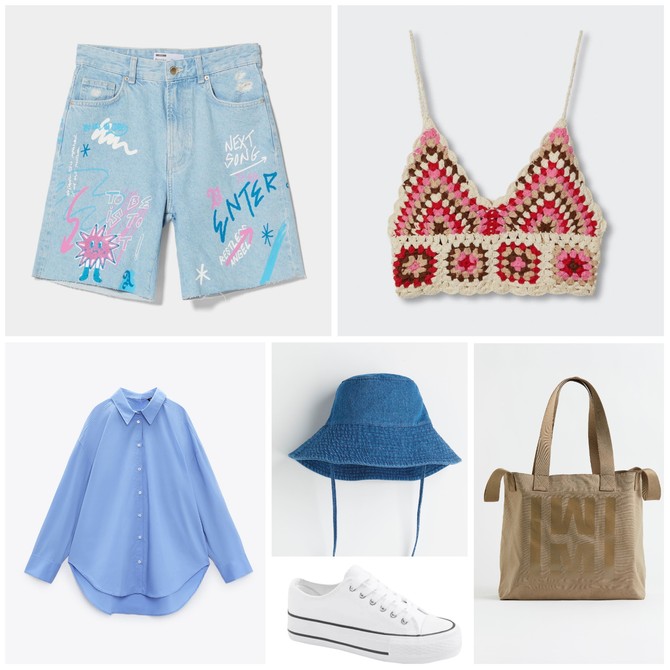 Šorts „Bershka“, top „Mango“,  košulja „Zara“, šešir i torba „H&M“,  patike „Deichman“