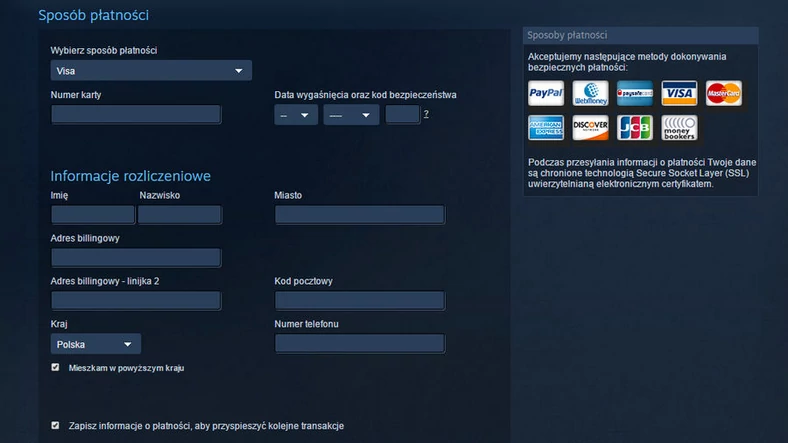 Wybierając płatność kartą, wpisujemy dane jej oraz nasze, zgodne z podanymi w banku. Najlepiej płacić poprzez klienta Steam, bo korzystając z przeglądarek więcej ryzykujemy