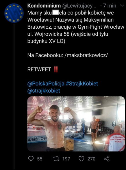 Screen jednego z tweetów, który szkaluje Maksymiliana Bratkowicza