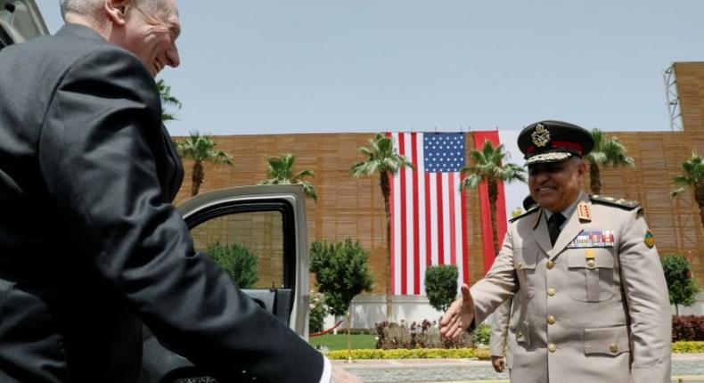 Egyptian Defence Minister Sedki Sobhy welcomes Pentagon chief James Mattis to Cairo talks on April 20, 2017