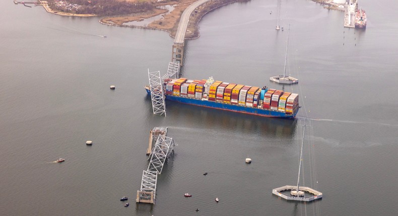 The cargo ship after crashing into Baltimore's Francis Scott Key Bridge.Tasos Katopodis/Getty Images