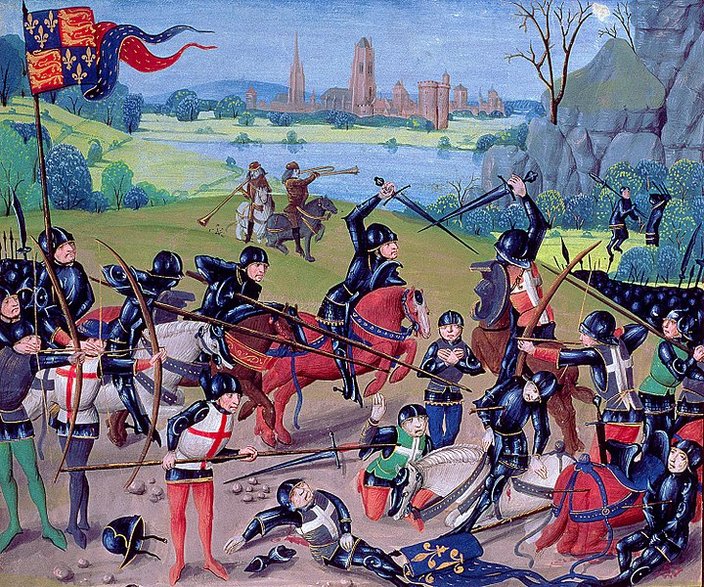 Ilustracja przedstawiająca bitwę pod Azincourt (1415), w której król Henryk V Lancaster pokonał kwiat rycerstwa francuskiego – fot. domena publiczna 