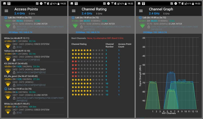 Parametry dostępnych sieci, ocena „zatłoczenia” kanałów WiFi, różne typy grafów... Otwartoźródłowy WiFiAnalyzer to przydatne narzędzie