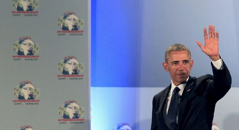 U.S. President Barack Obama gestures onstage after delivering remarks at the Global Entrepreneurship Summit at the United Nations compound in Nairobi, Kenya July 25, 2015. Obama told African entrepreneurs in Kenya on Saturday they could help counter violent ideologies and drive growth in Africa, and said governments had to help by ensuring the rule of law was upheld and by tackling corruption. REUTERS/Noor Khamis