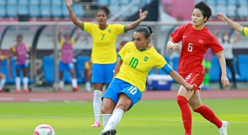 Landmark goal: Brazil's Marta scores the opening goal against China in in Miyagi Creator: Kohei CHIBAGARA