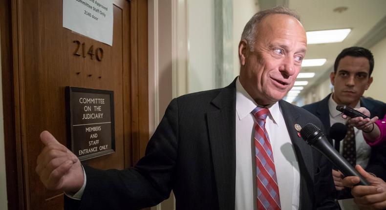 Rep. Steve King, R-Iowa, a member of the House Judiciary Committee, arrives for a closed-door interview with Peter Strzok, the FBI agent facing criticism following a series of anti-Trump text messages, on Capitol Hill in Washington, Wednesday, June 27, 2018. (AP Photo/J. Scott Applewhite)