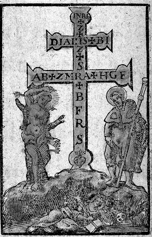 Wizerunek krzyża ze św. Sebastianem, św. Rochem i św. Janem Nepomucenem, służący jako amulet przeciwko plagom (XIV w.)