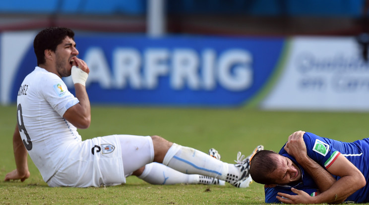 Az uruguayi Suárez 
(balra) a 2014-es vb-n 
harapta meg Chiellinit. 
Négy hónapra tiltották el /Fotó: AFP
