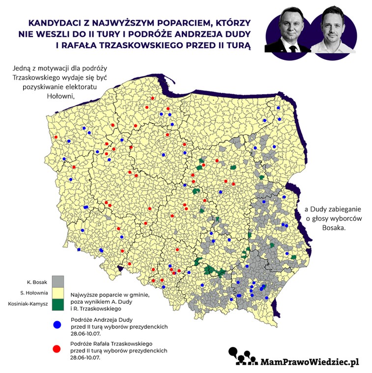 Podróże Andrzeja Dudy i Rafała Trzaskowskiego przed II turą wyborów. Opracowanie: MamPrawoWiedziec.pl