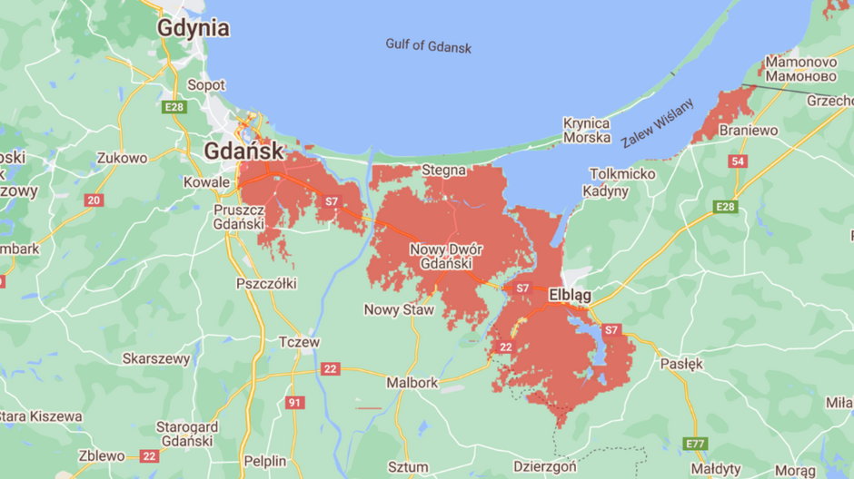 Mapa przedstawiająca tereny, które już w 2030 r. mogą znaleźć się poniżej rocznego poziomu powodziowego