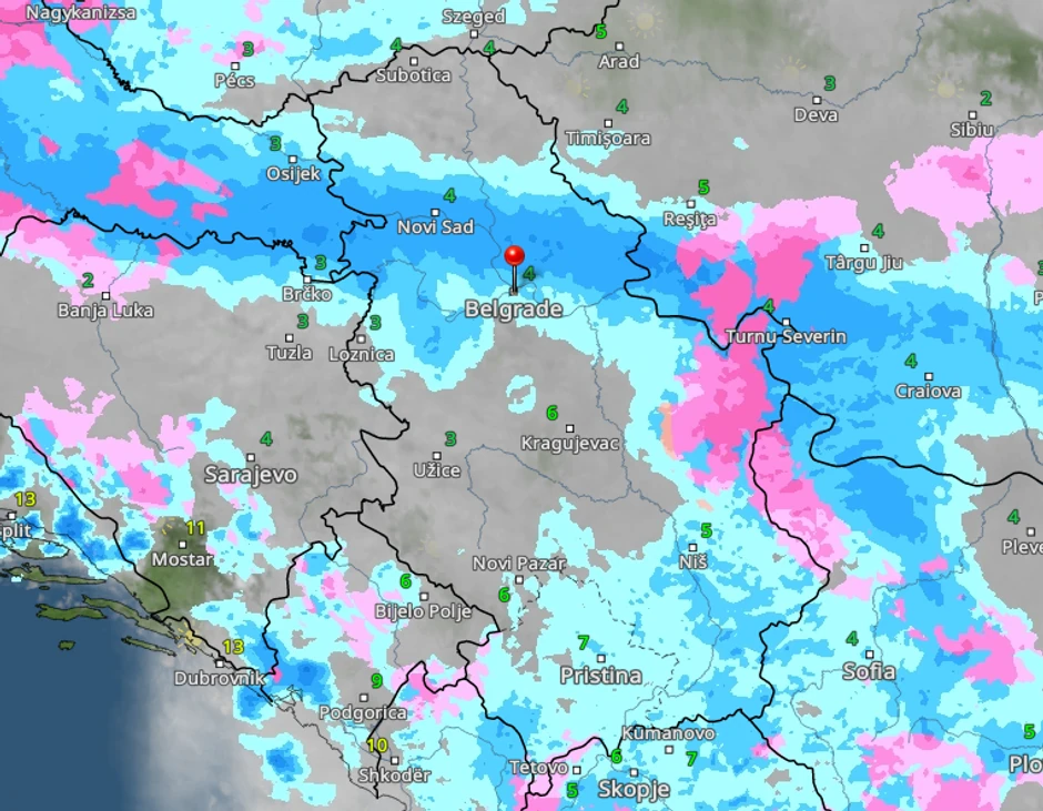 Kretanje kiše i snega sutra u 11 časova