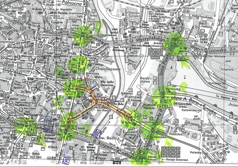Mapka Poznania z zaznaczonymi miejscami utrudnień w ruchu